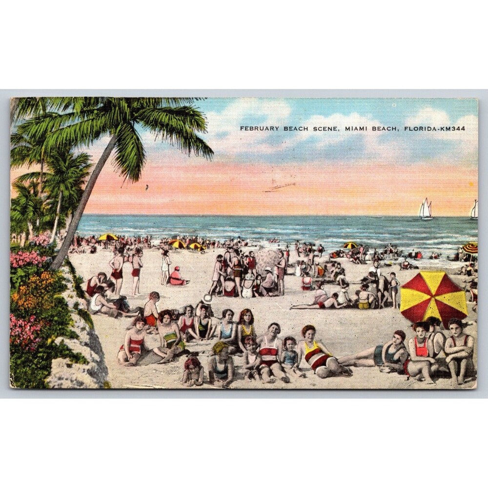 Miami Beach Florida Postcard February beach Scene People Swimming 1947